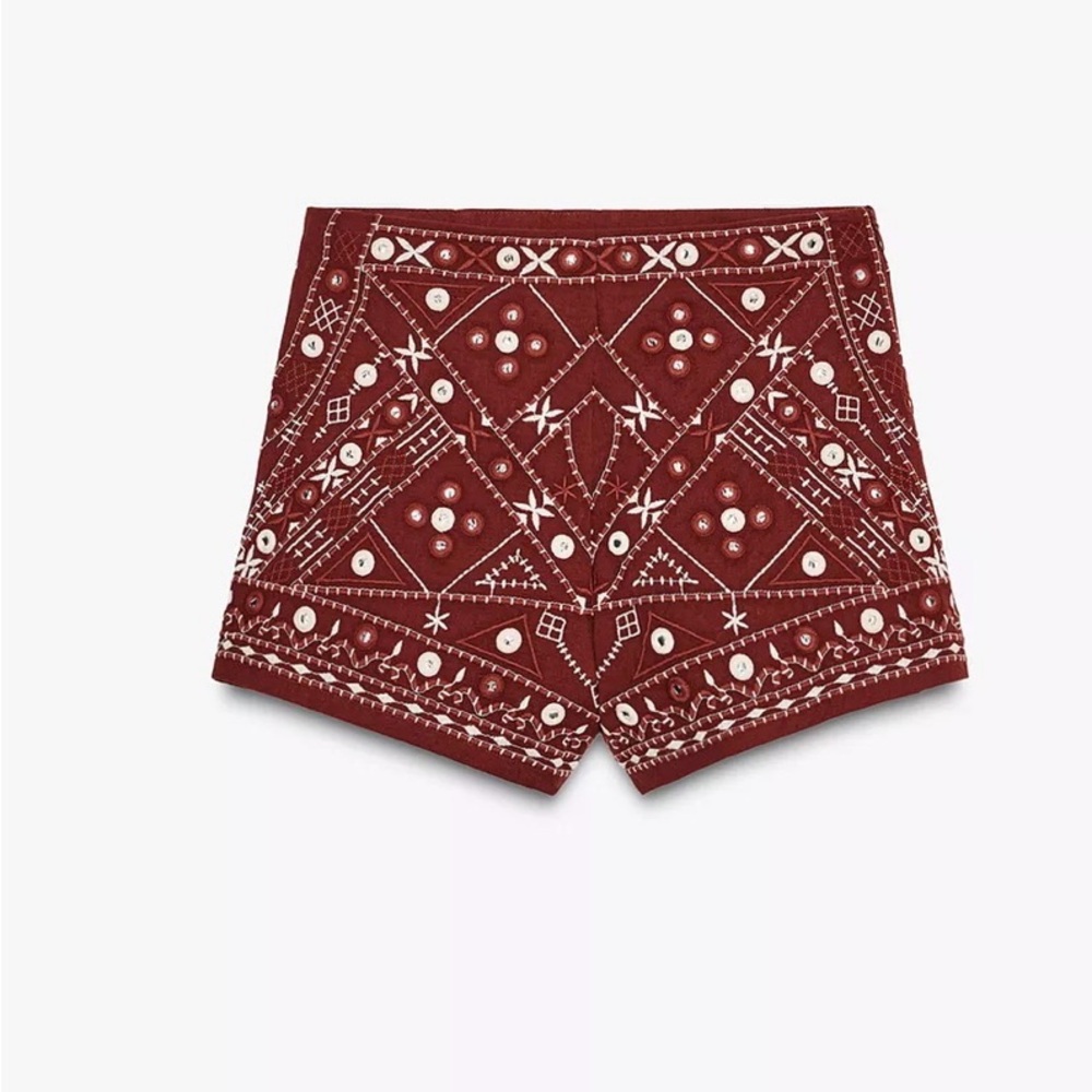 Zara Burgundy Embellished High Waist Shorts